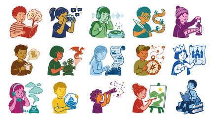 Fototapeta premium Children Hobbies and Learning Activities Vector Illustration. Kids Engaged in Creative and Educational Pastimes.