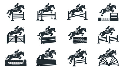 Obraz premium Horse Jumping Over Obstacles Silhouette Icons.