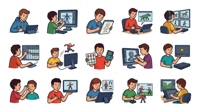 Cartoon Illustration of Kids Learning Digital Art and Animation, Using Creative Technology Tools