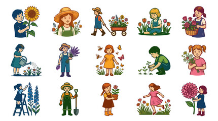 Naklejka premium Cute Kids Gardening Cartoon Vector Illustration Set. Children Planting, Watering Flowers, and Nature Activities.