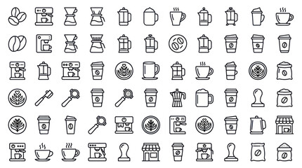 Fototapeta premium Coffee shop and cafe barista equipment icon collection.