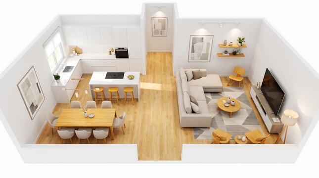 Modern open plan kitchen and living room interior with wooden floor and light furniture