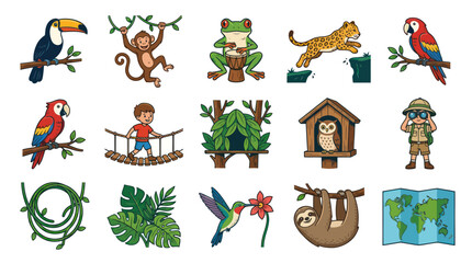 Fototapeta premium Hand-drawn Cartoon Jungle Animals, Rainforest Wildlife, and Adventure Explorer Kid Vector Collection