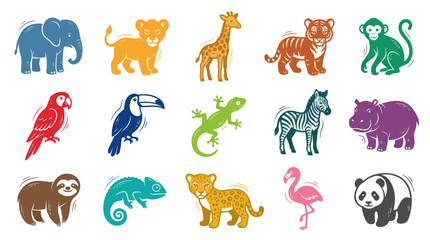 Fototapeta premium Stylized Flat Illustration Set of Exotic Wild Animals with Textured Effect. Nature, Wildlife, and Zoo Graphic Icons.