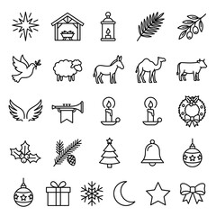 Obraz premium Christmas Nativity Icons Set: Star, Manger, Animals, Wreath, Gifts