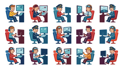 Fototapeta premium Flat Design Pilots in Cockpit Operating Flight Simulators, Digital Art