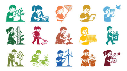 Obraz premium Kids Science and Environment Activities Flat Illustration Set. Children Learning Ecology, Nature, and Sustainability.