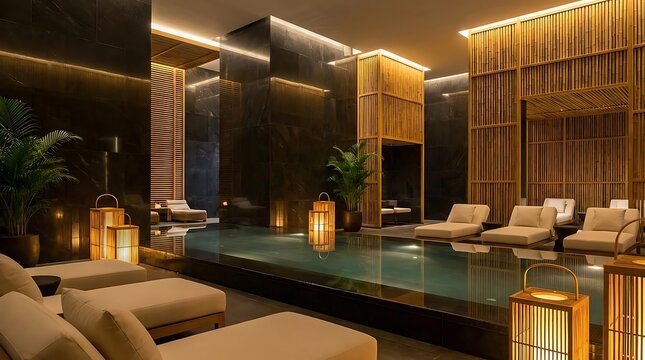 Luxury spa interior with pool and lounge chairs tranquil atmosphere