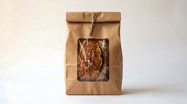 Fresh crusty bread inside a brown paper bag with a clear window for bakery takeaway.