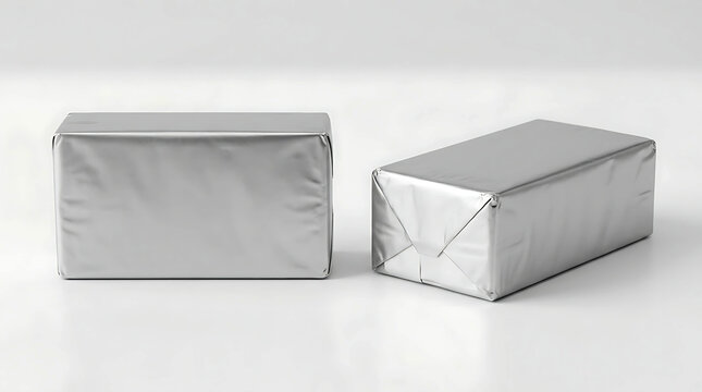 Two rectangular butter sticks wrapped in shiny silver foil packaging for food products.