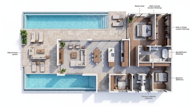 Top view of a modern luxury villa floor plan with two swimming pools, outdoor lounge area, master suite, and additional bedrooms