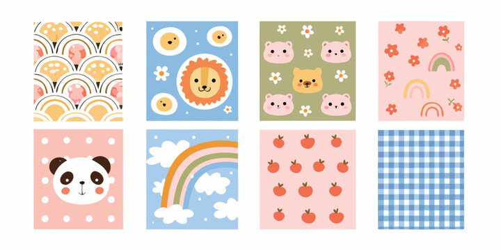 adorable pastel colored nursery wall art collection featuring cute animals and patterns lion panda rainbow apples flowers