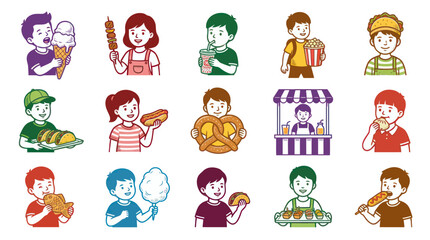 Obraz premium Happy Kids Eating Street Food, Snacks and Treats Vector Illustration. Children Enjoying Festival Foods.