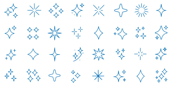 Minimalist decorative design shine sparkle and starburst line icon set with thin black editable stroke, bling stars sparkles signs