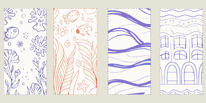 four bookmarks with floral and wave patterns in line art style waves pattern illustration nature abstract design