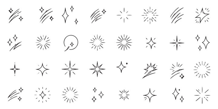 Minimalist decorative design shine sparkle and starburst line icon set with thin black editable stroke, bling stars sparkles signs