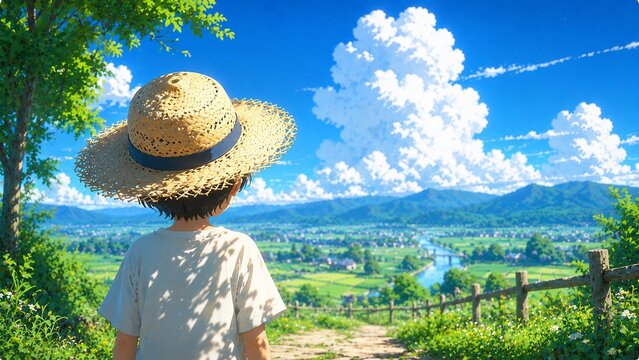 夏の広大な田園風景と雄大な積乱雲を麦わら帽子をかぶった子供が見つめる後ろ姿