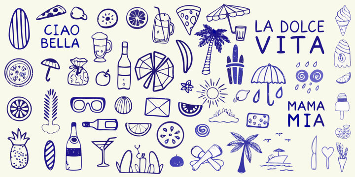 large collection of hand drawn blue doodles on cream background sketches food beverages fruits drinks pizza umbrella