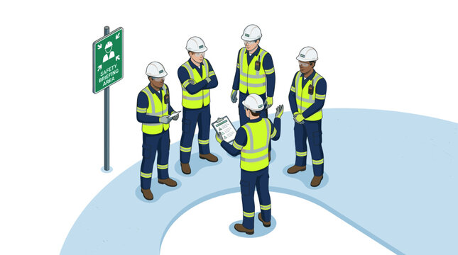 Construction workers meeting at assembly point.