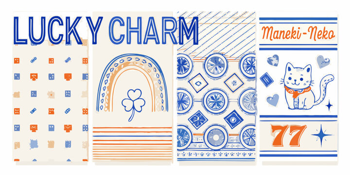 lucky charm collection with colorful patterns and symbols maneki neko clover rainbow dice vector illustration white background