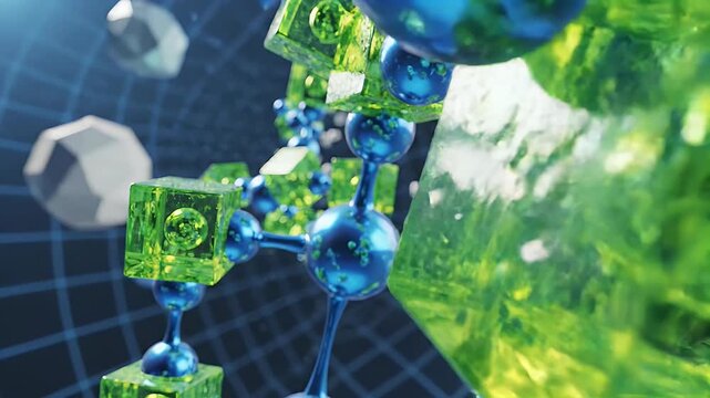 Abstract molecular structure with glowing green cubes and blue spheres