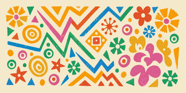 hand drawn abstract pattern with vibrant colors and geometric shapes flowers circles triangles zigzag lines dots stars