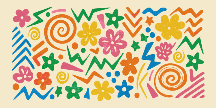 hand drawn abstract pattern with colorful flowers and swirls zigzag lines dots stars spiral shapes geometric forms