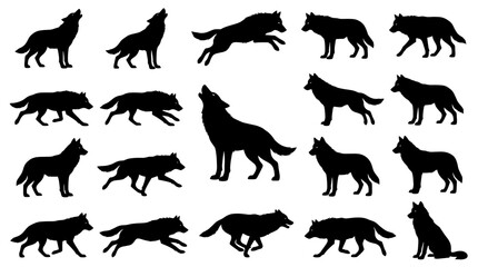 Black wolf silhouettes in various active and standing poses. © Kukuk