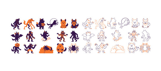 Fototapeta premium Set of hand-drawn Halloween doodles and spooky icons. Vector illustrations of ghosts, bats, pumpkins, and monsters for festive designs.