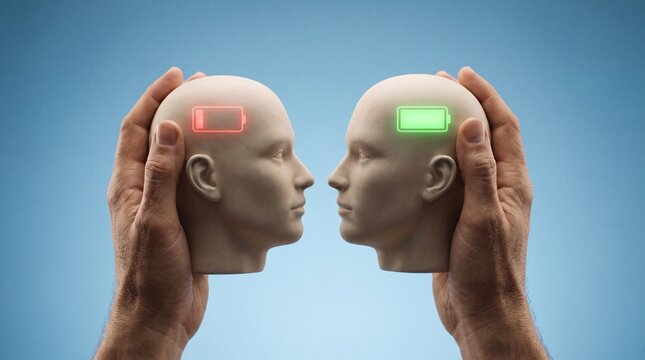 Two mannequin heads facing each other representing exhaustion with low battery and restored energy with full battery