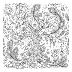 Fototapeta premium Intricate tree of life coloring page, mystical forest line art with peacock feathers and flowers, whimsical nature vector illustration for adults
