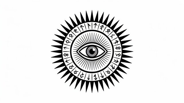All-seeing Eye symbol with runic circle and sun rays isolated on white background