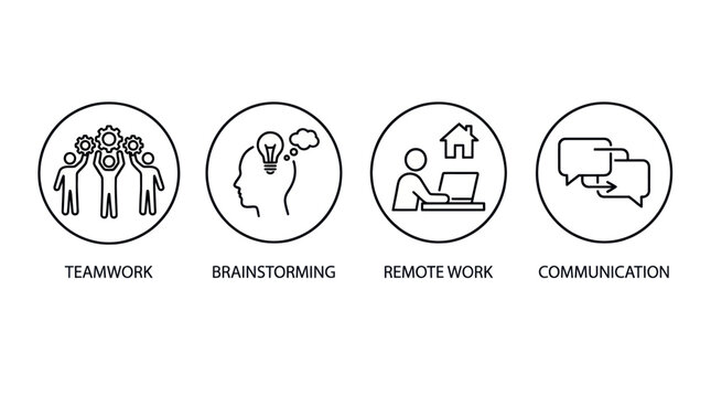 Collaborative business teamwork and remote work line icons.