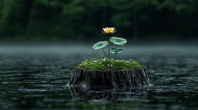 Solitary yellow water lily blooms on a small mossy island in a calm, dark lake under a misty sky
