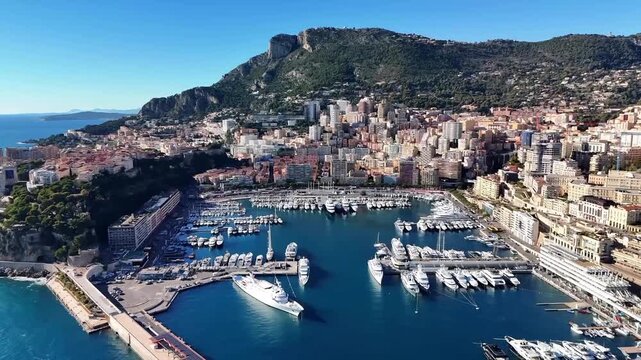 Aerial view of luxury yachts in Port Hercule Monaco