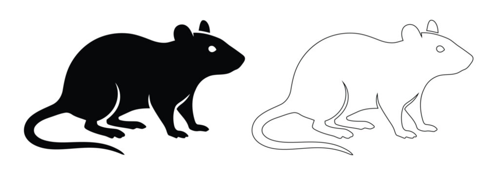 Rat Silhouette and Outline Vector Graphic, Common Brown Rat Illustration, Rodent Field Mouse Side View Profile Silhouette Artwork