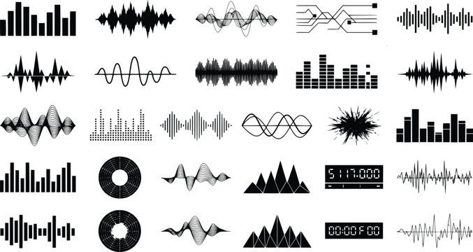Diverse audio wave patterns and equalizer bars in black and white vector graphics for digital media
