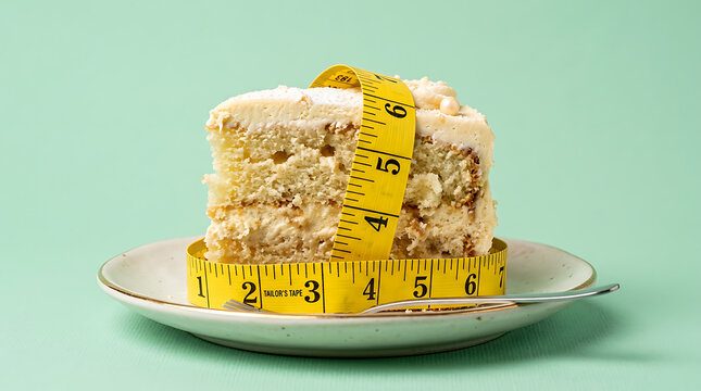 A slice of cake wrapped with a measuring tape on a white plate against a light green background symbolizing diet and portion control