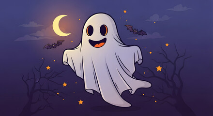 Cute Friendly Ghost Flying Under Crescent Moon in Spooky Night Sky Illustration for Halloween Celebrations © Rizki Akbar