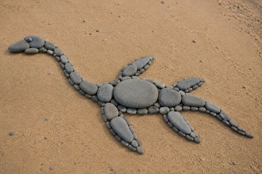 Outline of a plesiosaur made from grey river stones on a sandy beach.