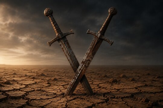 Two rusted longswords crossed and planted in cracked, dry earth.