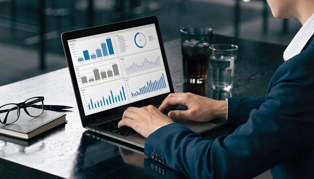 Business professional analyzing financial data charts on a laptop