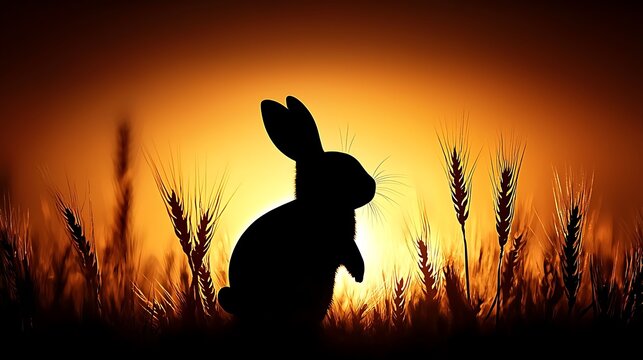 Silhouette of rabbit in sunset field