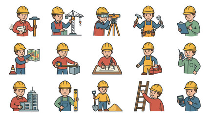 Fototapeta premium Construction worker icons: engineers, builders, surveyors with tools, blueprints, and equipment