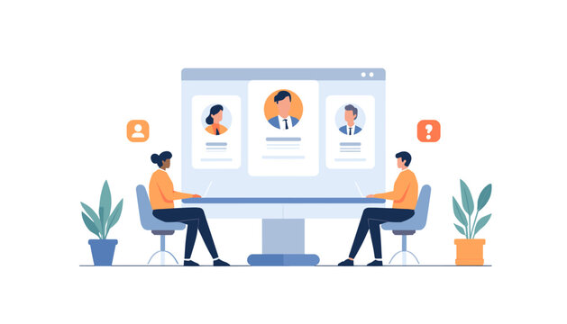 Human resources team reviewing job candidate profiles on a computer screen illustration.