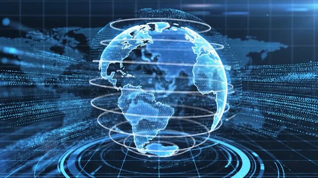 Digital globe glowing on a blue futuristic grid background