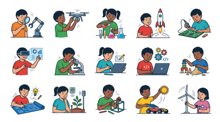 Fototapeta premium Children Engaging in STEM Activities: Science, Technology, Engineering, Math - Vector Art