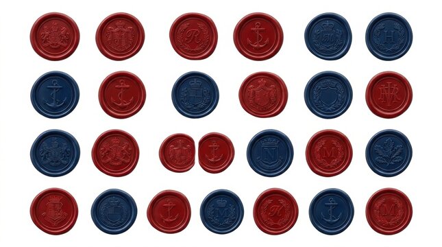 Sealed with Distinction: A collection of vintage wax seals in red and blue, each impressed with a unique emblem, ready to authenticate important documents or add a touch of classic elegance.