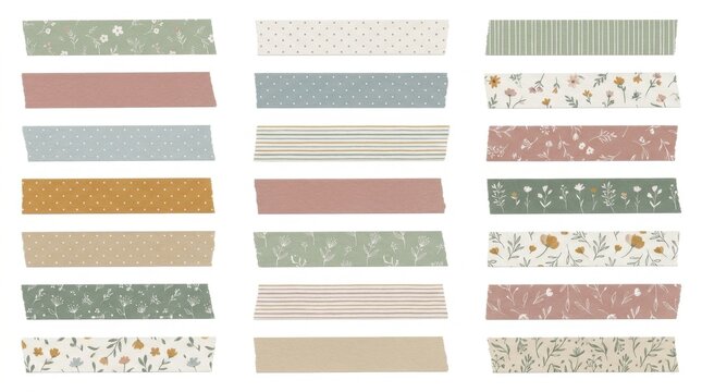 Assortment of Decorative Washi Tapes: A curated collection of washi tape rolls featuring delicate floral patterns, subtle stripes, and charming polka dots.