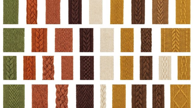 Knitted Fabric Swatches in Autumn Palette: A visually appealing assortment of knitted fabric swatches, showcasing various textured patterns and a warm autumn color scheme of greens, browns.